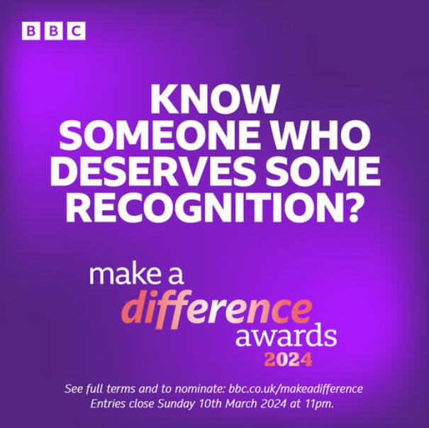 @BBC3CR are recognising people making a difference in our community, with their Make a Difference Awards. You can say thank you and recognise those making life better for others. Categories include from Volunteer, Fundraiser, Great Neighbour, Bravery, Carer and Community.