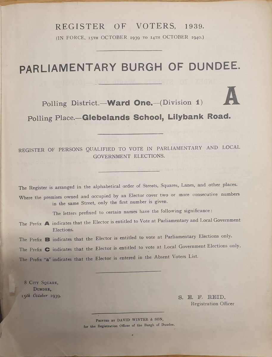 DundeeArchives's tweet image. Electoral Registers are good for tracing where someone lived. But be careful - not everyone is listed. 
We hold registers for 1939 and 1951 onwards. 1857-1939 can be searched an viewed at findmypast.co.uk or at the Central Library. 
#FamilyHistoryFriday #Dundee #Archives
