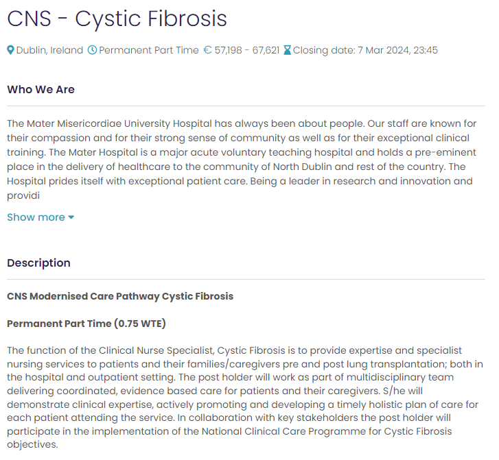 Wonderful opportunity to join our #Transplantteam. We are recruiting a Clinical Nurse Specialist in Cystic Fibrosis. The lucky candidate will participate in the implementation of the National Clinical Care Programme for Cystic Fibrosis. @cf_ireland @MaterNursing
