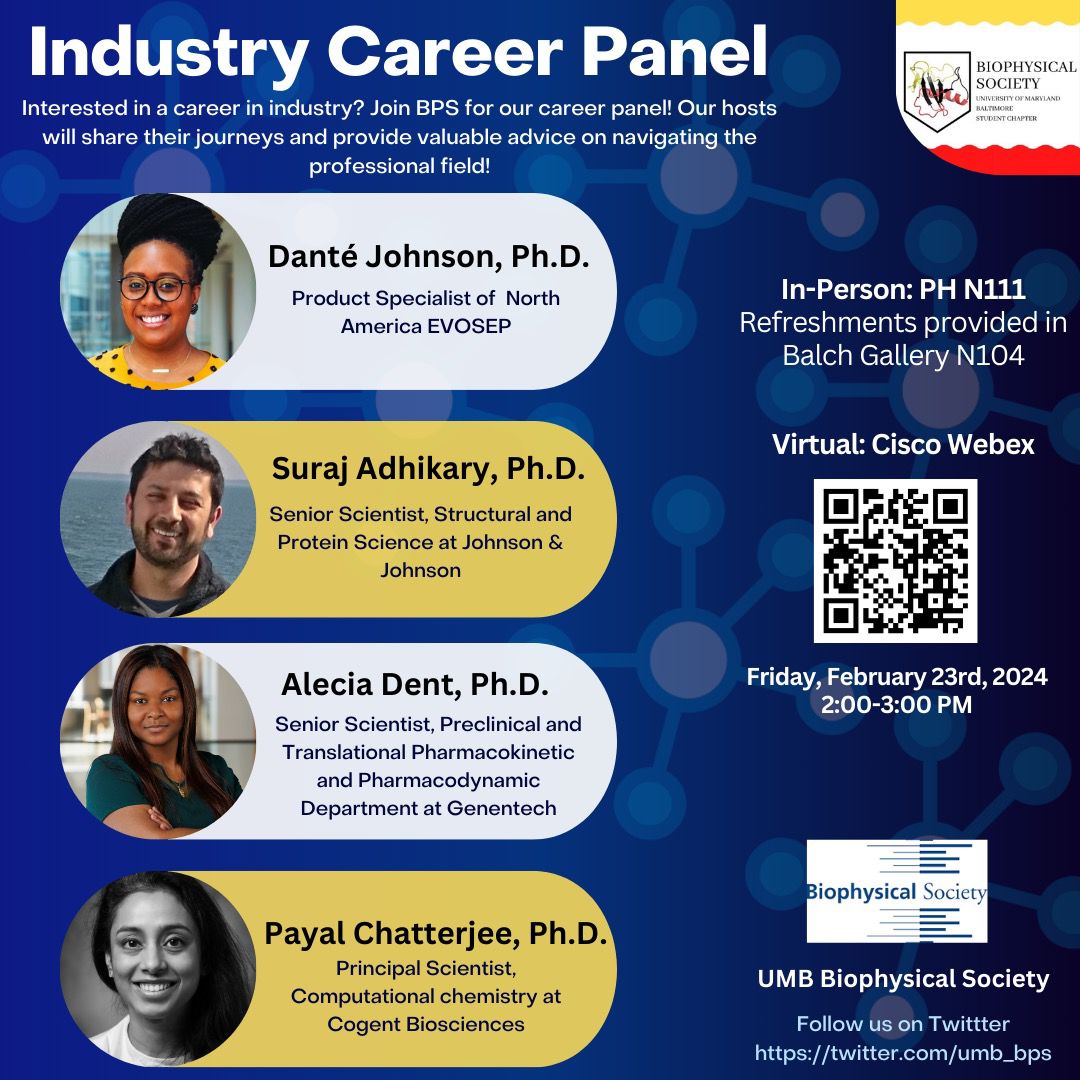 Join us TODAY for our Careers in Industry Panel! We have some amazing people coming to share their expertise! Virtual option open for anyone to join, see you there!! 🧬🥼 #BPS

Link to join: umaryland.webex.com/umaryland/j.ph…