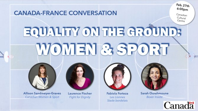 [#Conference] For #WomensRightsDay and 150 days before the  #Paris2024 Games, a 🇨🇦🇫🇷 conversation on how sports can foster equality. 💪✨️ Join us on February 27 at 6pm at the Canadian Cultural Centre. 🗓 Registration required ➡️  egalitesurleterrain.splashthat.com