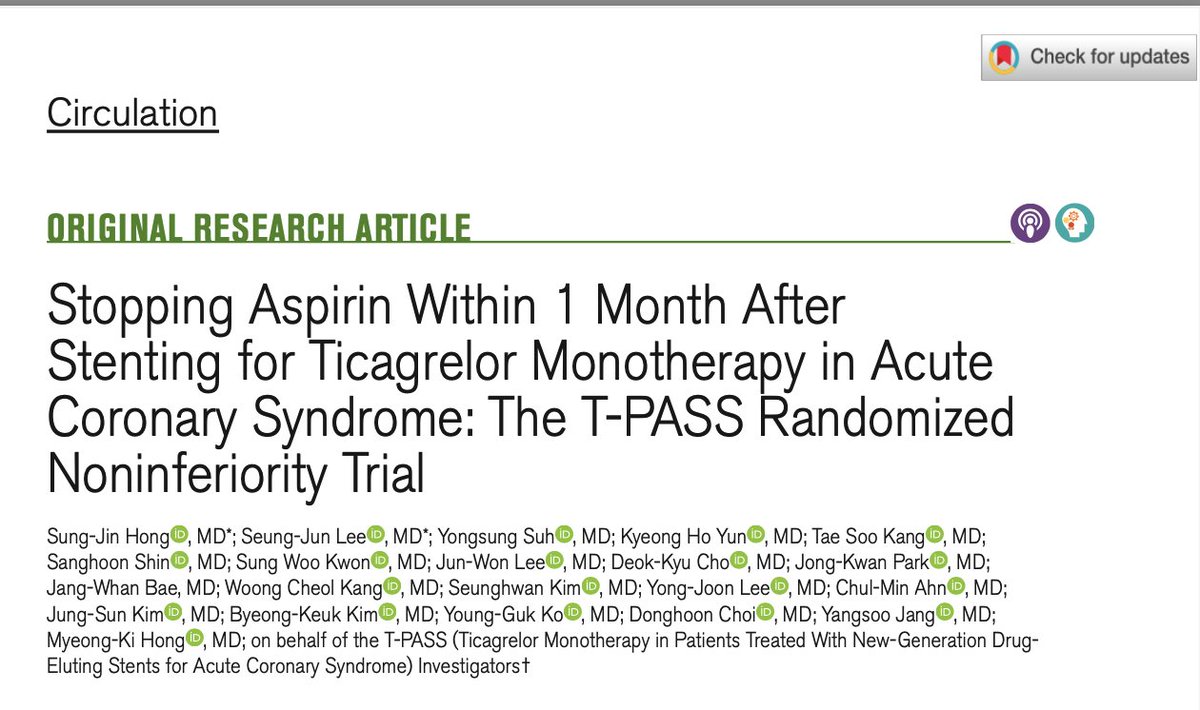 Abdulla A. Damluji, MD, PhD (@drdamluji) on Twitter photo Stopping Aspirin Within 1 Month After Stenting for Ticagrelor Monotherapy in Acute Coronary Syndrome: The T-PASS Randomized Noninferiority Trial: <a href="/CircAHA/">Circulation</a>
🥸Let's summarize - good morning
👇👇👇 Stopping Aspirin Within 1 Month After Stenting for Ticagrelor Monotherapy in Acute Coronary Syndrome: The T-PASS Randomized Noninferiority Trial: <a href="/CircAHA/">Circulation</a>
🥸Let's summarize - good morning
👇👇👇