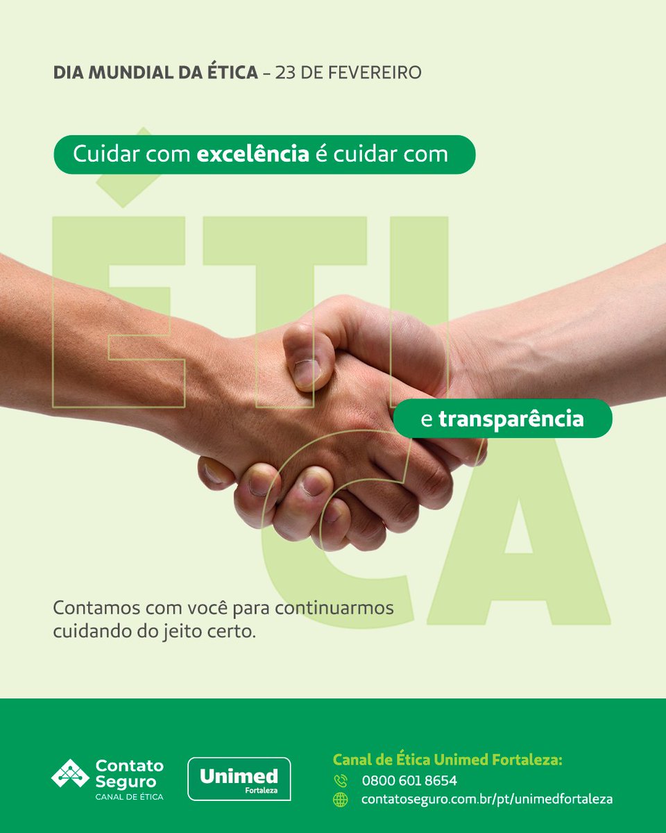 Na Unimed Fortaleza, nos comprometemos com altos padrões éticos através do nosso Código de Conduta. 

Use nosso Canal de Ética 24/7 para relatar desvios: 🌐 contatoseguro.com.br/unimedfortaleza, 📞 0800 601 8654 ou app Contato Seguro.