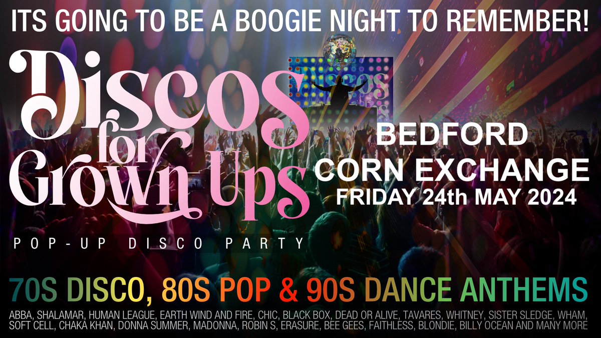 DISCOS FOR GROWN UPS😍 🗓️Friday 24 May 8pm A night of 70s disco, 80s pop and 90s dance classics! Dance with our amazing mirror ball head stage dancers under an incredible light and laser show! ➡ Book online: bedfordcornexchange.co.uk/events/discos-… or contact the Box Office on 01234 718044