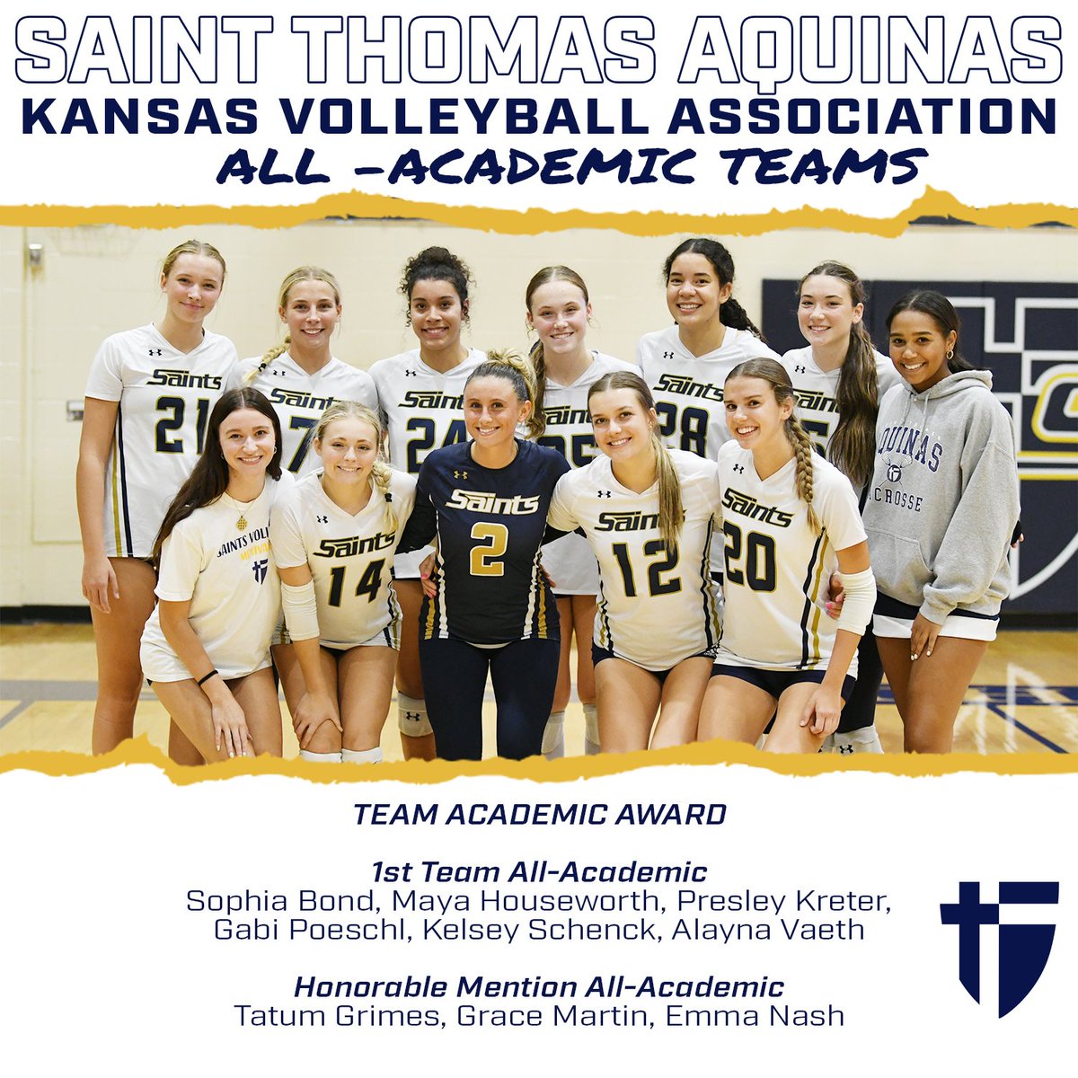 Congrats to the Volleyball team on being the recipient of the Team Academic Award by the Kansas Volleyball Association along with six girls being named First Team All-Academic and three to Honorable Mention.  Great job girls!