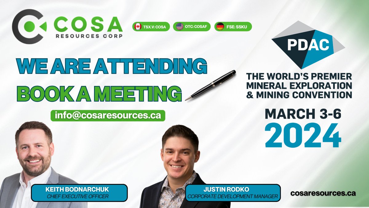 CosaResources's tweet photo. Are you coming to PDAC? Book a meeting.📗
📧 info@cosaresources.ca
📌 Toronto, Metro Toronto Convention Centre
🗓️ March 3 - 6
🇨🇦 #cosa 🇺🇸 #cosaf 🇩🇪 #ssku #uranium #exploration #nuclearenergy #AthabascaBasin #Saskatchewan #Canada #drilling #minerals #metals #stocks #markets https://t.co/eL5ovXvnsc