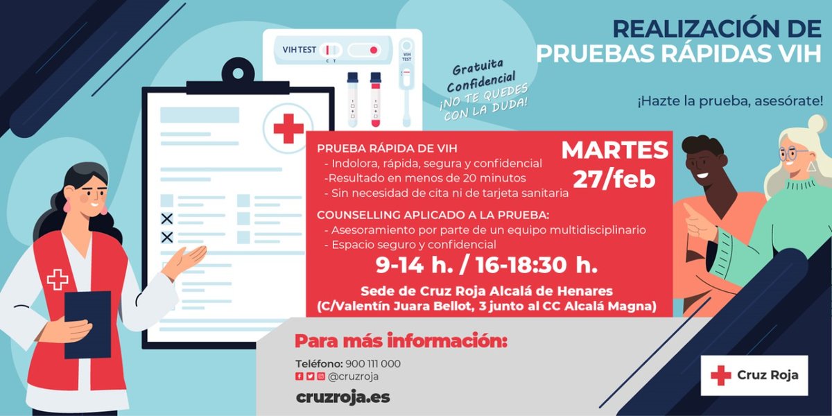 [#Salud] El próximo martes 27 febrero tenemos disponible nuestro servicio gratuito para la realización de la prueba rápida de #VIH en nuestra sede. Podéis acudir sin cita previa. ¡Ven a vernos y sal de dudas!
#prevención #diagnosticoprecoz #habitosaludables #cruzrojacorredornorte