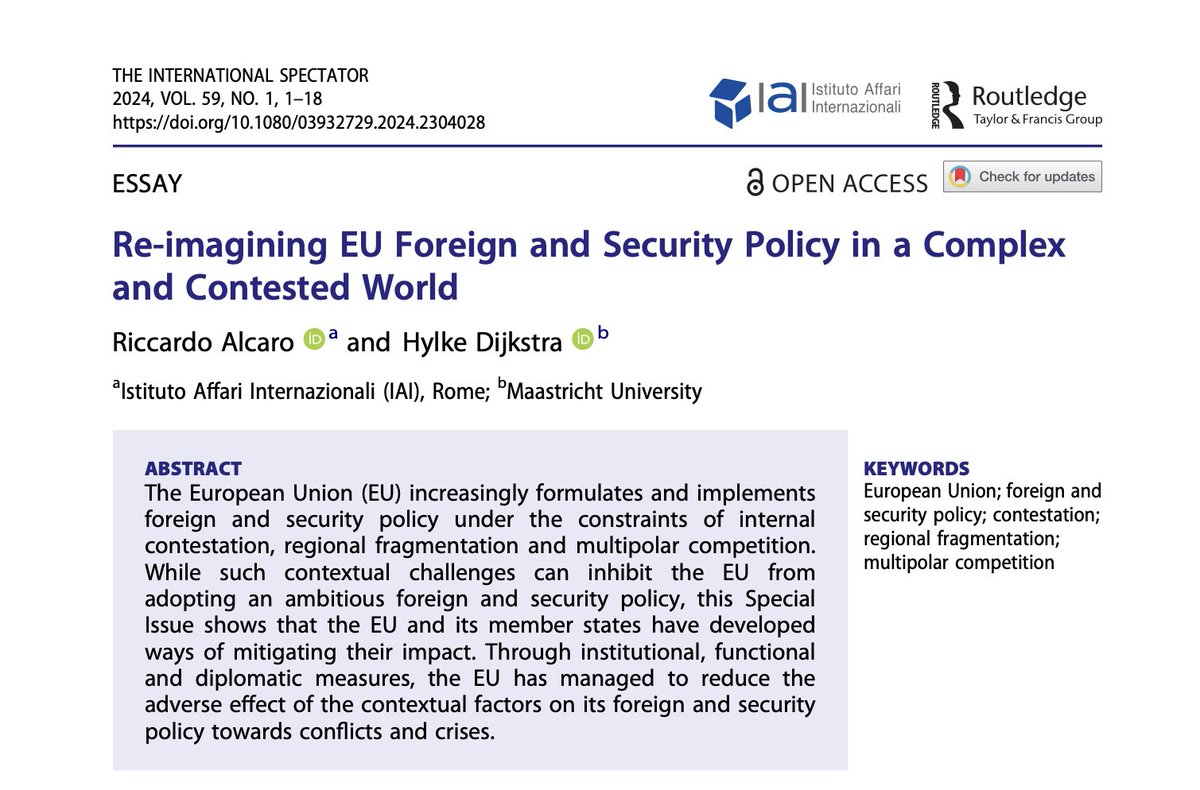 NEW SPECIAL ISSUE: 'Re-imagining #EU Foreign and Security Policy in a Complex and Contested World' (w/@Ric_Alcaro) @intl_spectator 🥳 Results from @joint_project with 8 country studies (incl Kosovo, Ukraine, Palestine, Iran, Syria). All #OpenAccess ➡️ tandfonline.com/toc/rspe20/cur…