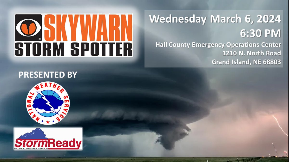 GIHallEMA's tweet photo. @GIHallEMA will host Storm Spotter Training on Wed Mar 6 at 6:30pm, at the Emergency Operations Center, 1210 N. North Road, in Grand Island. 

Its free and perfect for emergency responders, storm spotters, outdoor enthusiasts, pool &amp; recreation managers, and teens. @NWSHastings https://t.co/zFS7rJKODV