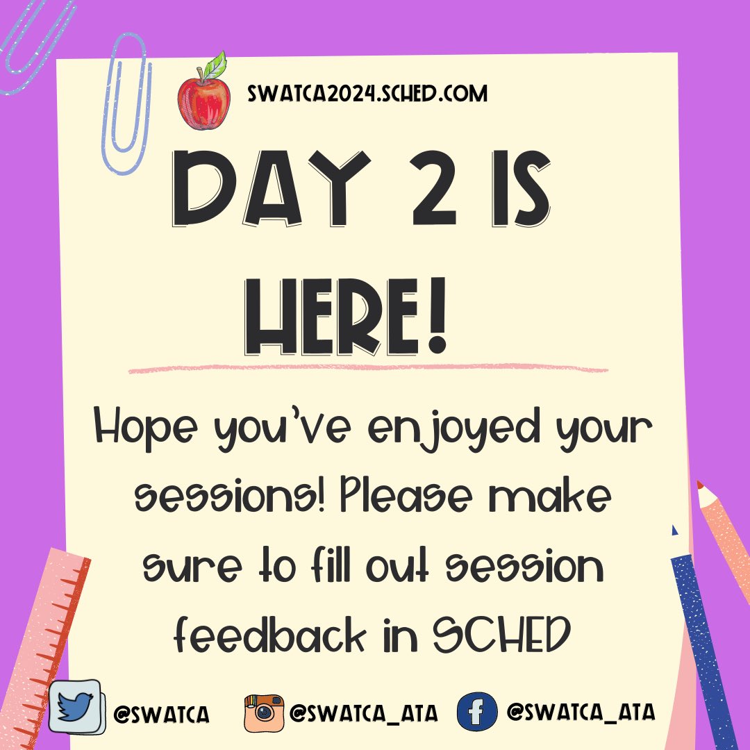 Welcome to the final day of convention! Keep filling out the feedback form on SCHED, especially if you want prizes! #SWATCA2024 #uleth