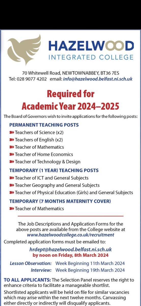 ThompsonMaire's tweet image. New teaching posts at Hazelwood for 2023-2024 ( student teachers may apply )