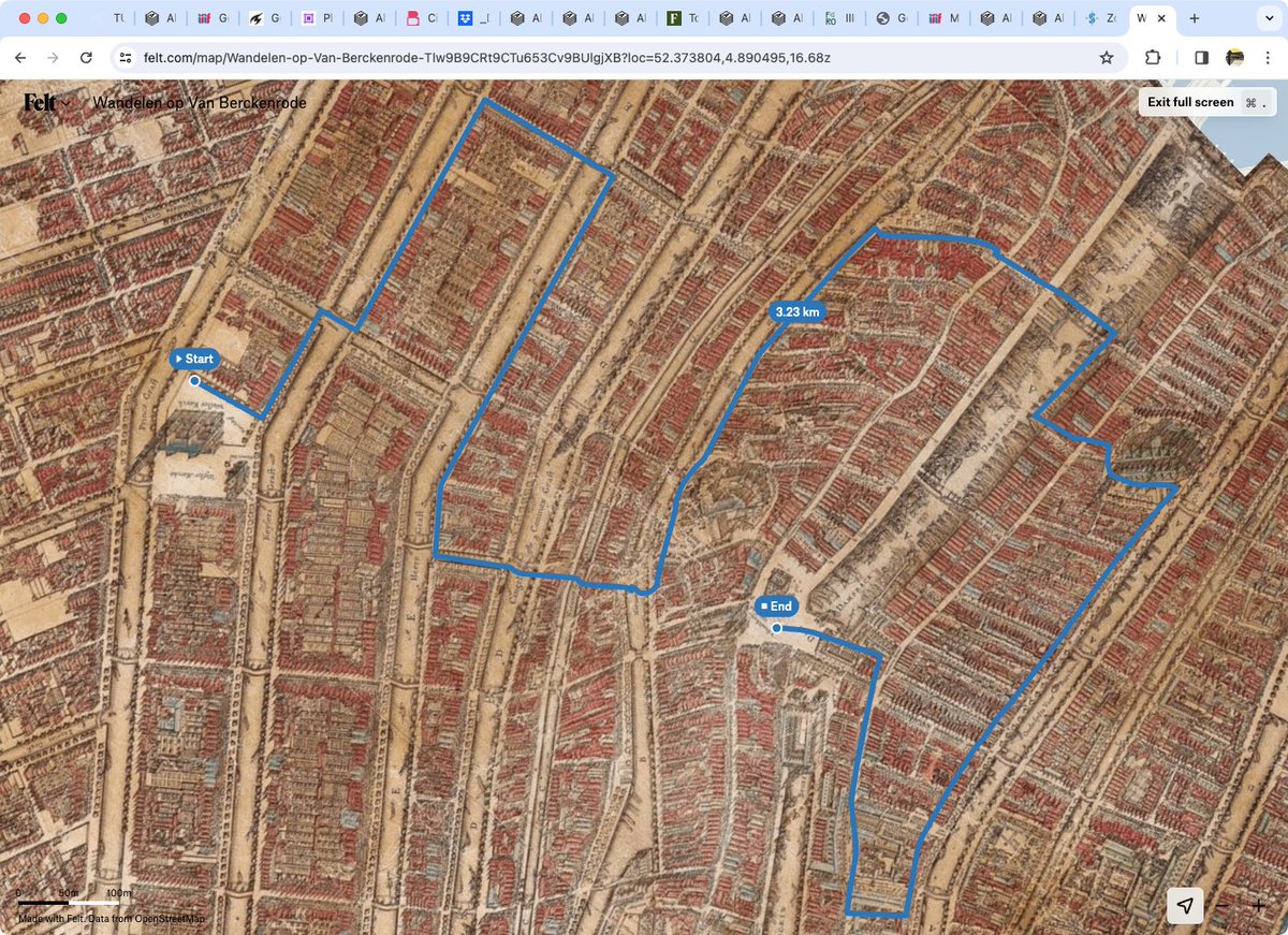 One really nice potential of using Allmaps layers in <a href="/felt/">Felt</a> is the ability to plan a tour over a historical map and see your own position while walking (button on the bottom right). It doesn't seem possible to rotate the map however. cc <a href="/bertspaan/">Bert Spaan</a>
