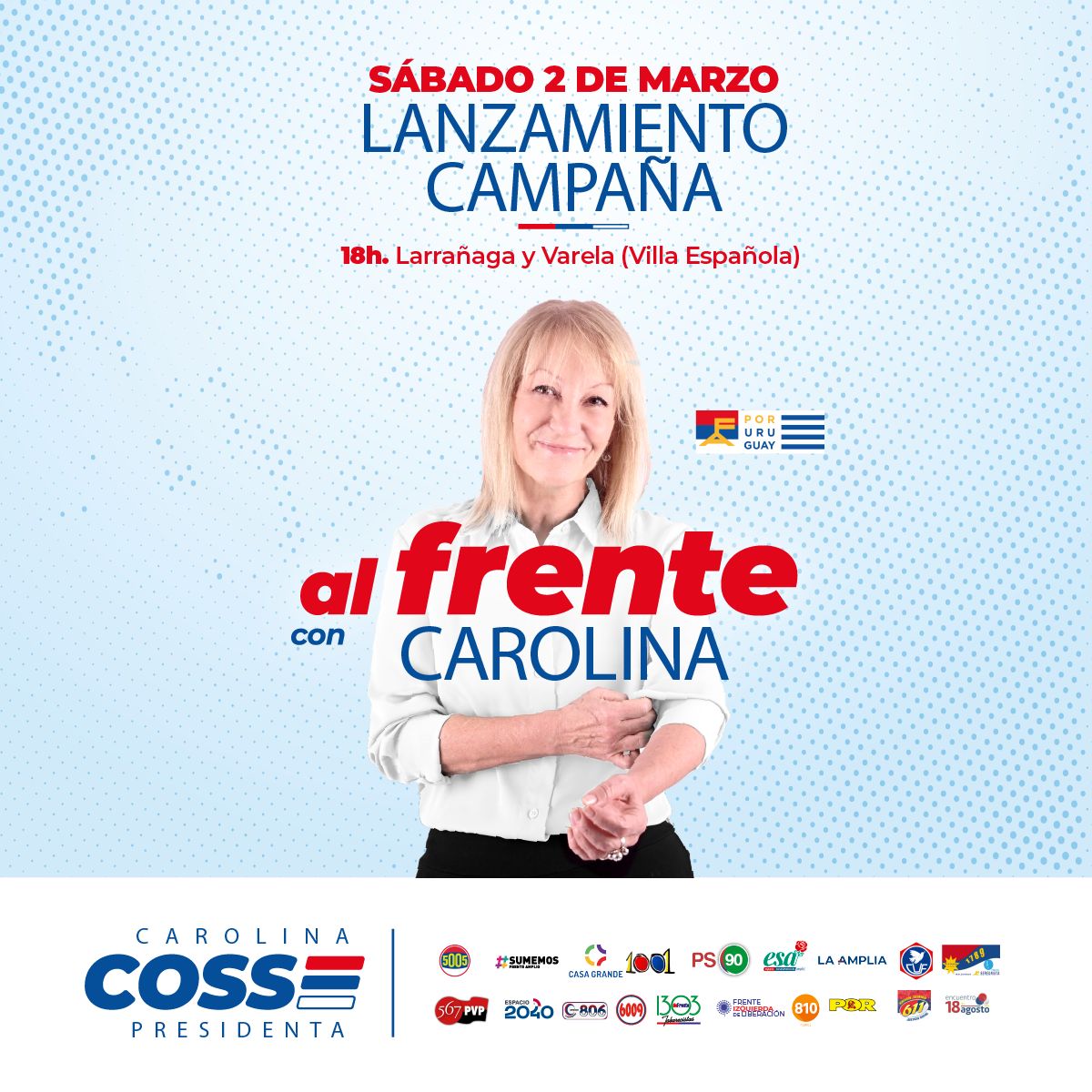 Casa Grande - FA (@casagrande_fa) on Twitter photo 🚀 Sumate al lanzamiento de la campaña de <a href="/CosseCarolina/">Carolina Cosse</a> como precandidata a la presidencia de Uruguay 🇺🇾
🗓️ Este sábado 2 de marzo 18h
📍 Villa Española, Dámaso Antonio Larrañaga y José Pedro Varela.
#AlFrenteconCarolina #AhoraNosotras #CarolinaPresidenta
¡Te esperamos! 💪✨ 🚀 Sumate al lanzamiento de la campaña de <a href="/CosseCarolina/">Carolina Cosse</a> como precandidata a la presidencia de Uruguay 🇺🇾
🗓️ Este sábado 2 de marzo 18h
📍 Villa Española, Dámaso Antonio Larrañaga y José Pedro Varela.
#AlFrenteconCarolina #AhoraNosotras #CarolinaPresidenta
¡Te esperamos! 💪✨