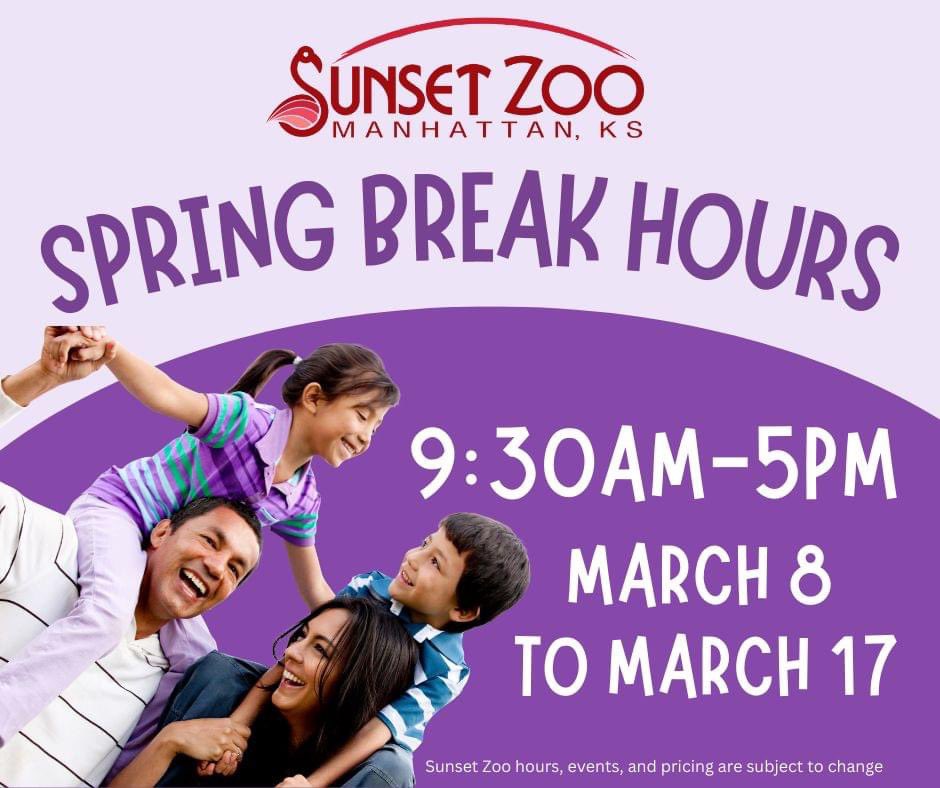 Hang out with your favorite animal residents this Spring Break! Sunset Zoo will have special extended hours from March 8-17.

The Concession stand will also be open daily from 11 am to 4 pm with the full menu available.