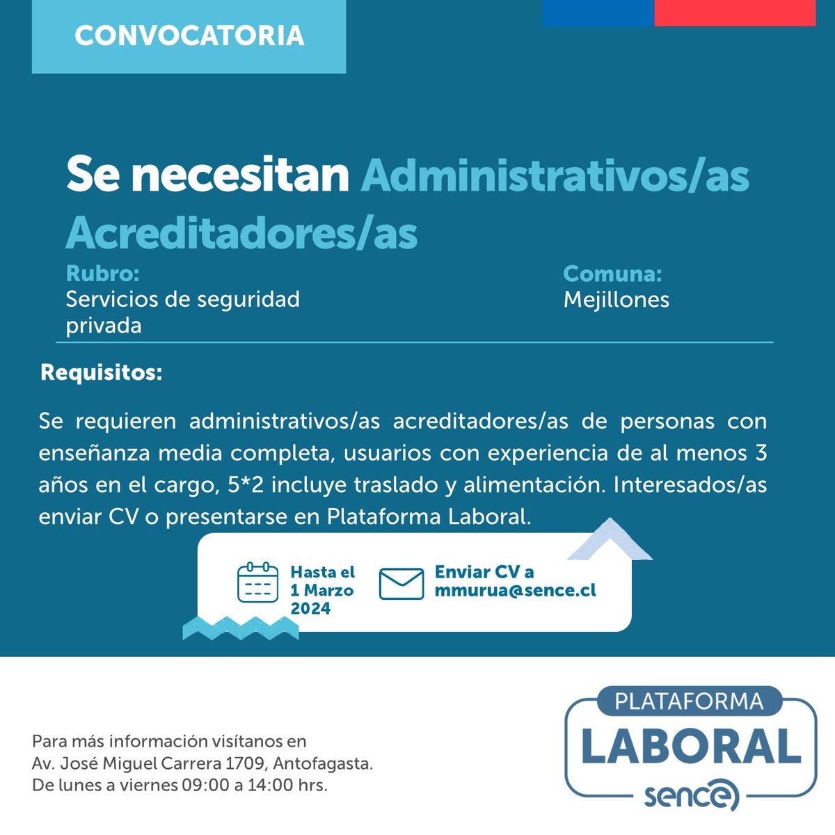 ATENCIÓN ANTOFAGASTA 📣
#Haypega 
Las personas interesadas deben presentarse con su CV actualizado, en Avenida José Miguel Carrera 1709 primer piso, Antofagasta, de lunes a viernes de 09.00 a 14.00 hrs.