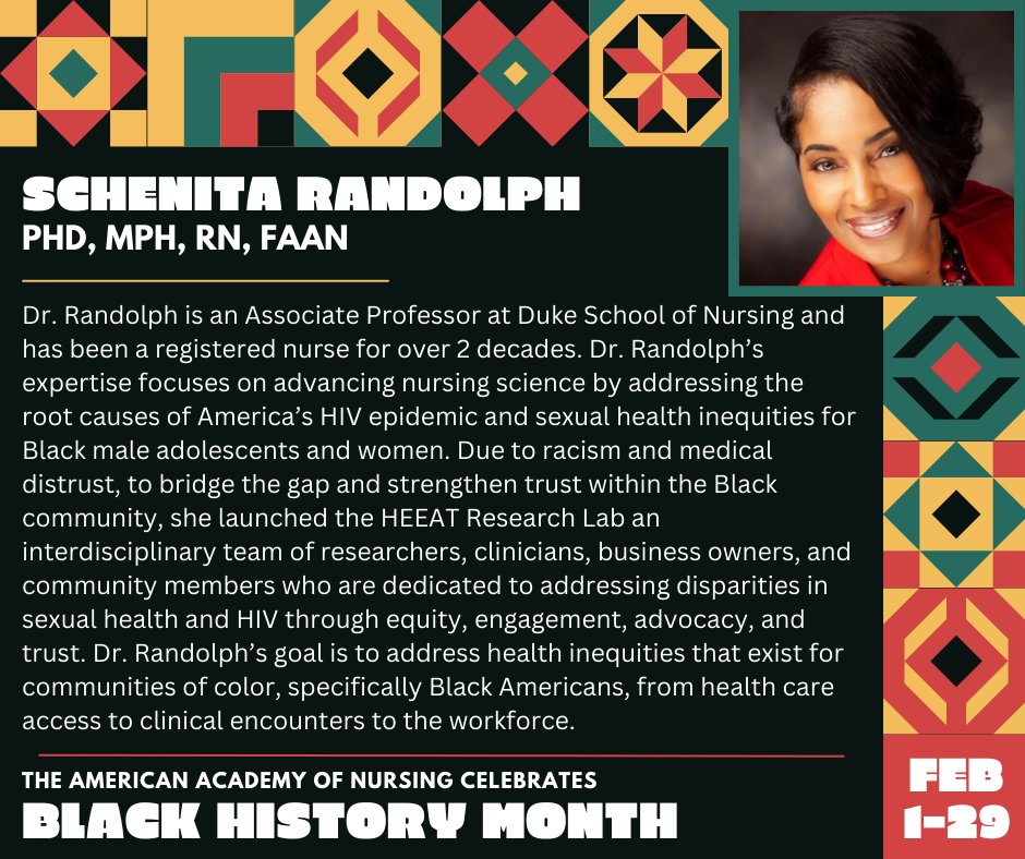 Fellow @DrSRandolph @DukeU_Nursing is addressing health inequities Black men, women, and adolescents experience by researching disparities in sexual health and advocating on behalf of patients to build trust within communities of color. #BlackHistoryMonth
