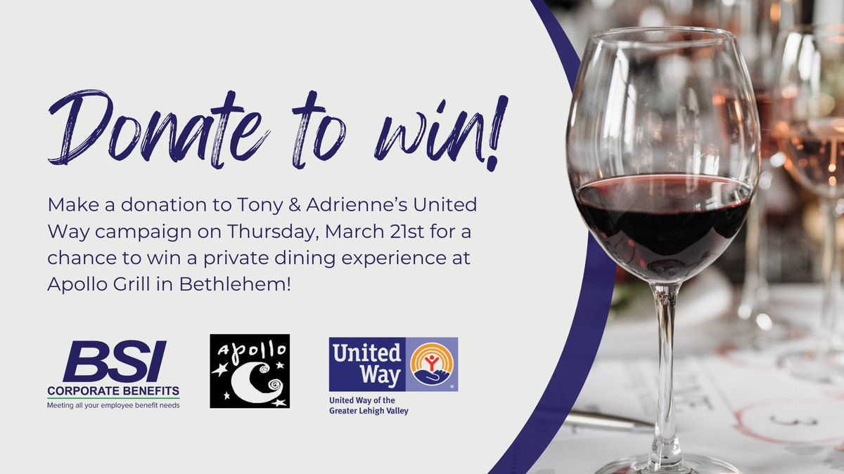 United Way of the Greater Lehigh Valley (@unitedwayglv) on Twitter photo Join us for a Dine & Donate event 🍽️
The Apollo Grill has generously agreed to donate 5% of proceeds made on March 21 back to #UWGLV in support of <a href="/BSICorporate/">BSI Corporate Benefits</a>'s, Tony & Adrienne DaRe's, campaign.
Will we see you there? #LIVEUNITED Join us for a Dine & Donate event 🍽️
The Apollo Grill has generously agreed to donate 5% of proceeds made on March 21 back to #UWGLV in support of <a href="/BSICorporate/">BSI Corporate Benefits</a>'s, Tony & Adrienne DaRe's, campaign.
Will we see you there? #LIVEUNITED