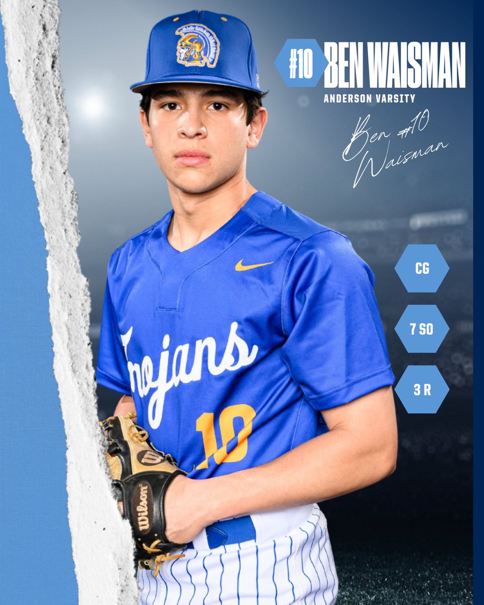 Shoutout to Junior @TheBenWaisman for his complete game, seven-strikeout performance last night. His strong effort helped us secure a 2-0 start at the Pflugerville ISD Tournament. All three teams are back in action again today. Go Trojans! #BeAChampionToday