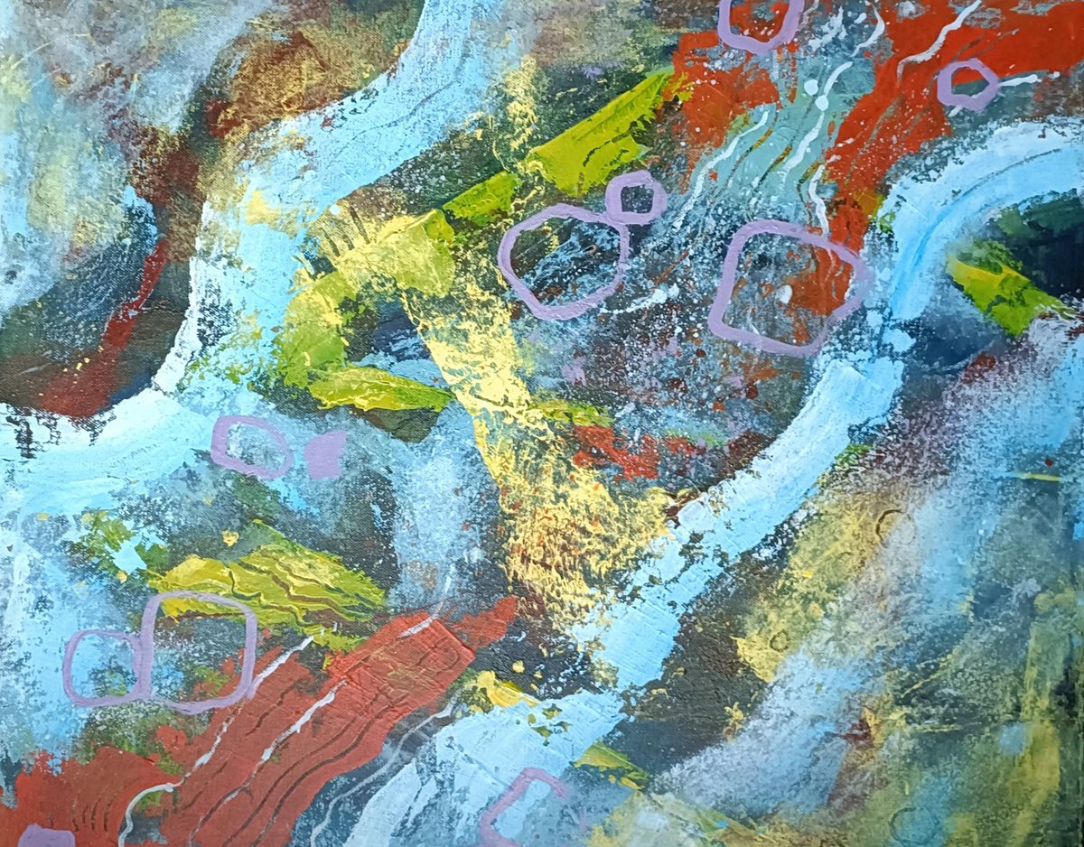 "Flow", acrylic mixed media on canvas. A reflection of our weather over the past few weeks! #abstractartist #abstractexpressionism #landscapeartist #curator #artgalleryuk #wetlands #contemporarypainting