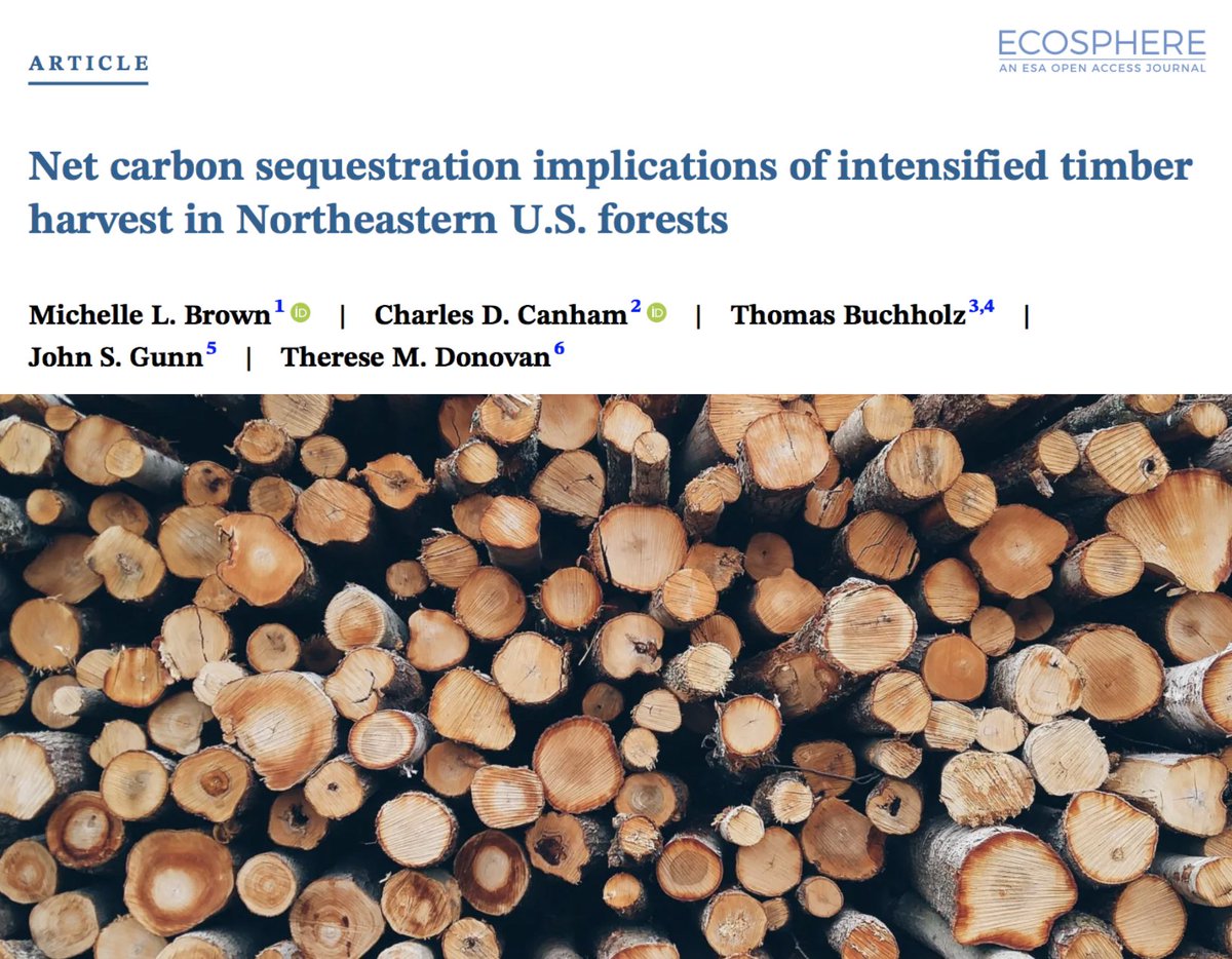 Should the Northeast harvest more timber for biomass energy? An @ESAEcosphere analysis coauthored by Cary's Charles Canham finds higher harvests would increase overall GHG emissions by reducing carbon storage more than it displaces fossil fuel emissions.  esajournals.onlinelibrary.wiley.com/doi/pdf/10.100…