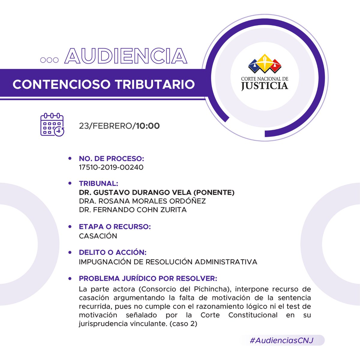 🟣#SalaTributariaCNJ | Analiza la falta de motivación de la sentencia recurrida, según el actor, pues no cumple con el razonamiento lógico ni el test de motivación señalado por la Corte Constitucional en su jurisprudencia vinculante. 
📌 Link audiencia ▶️ acortar.link/sKCMnn