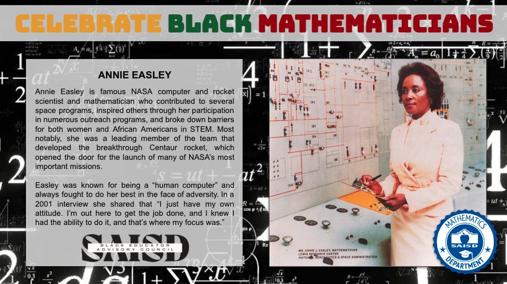 SAISD Mathematics (@saisd_math) on Twitter photo This spotlight of Black excellence goes to Annie Easley as a pioneer in mathematics! Known as the human computer 🤖 Annie worked behind many of our most critical space missions! Learn more at nasa.gov/general/annie-… <a href="/DrJaimeAquino/">Jaime Aquino</a> <a href="/SAISD_CI/">SAISD Curriculum, Instruction, & Assessment</a> <a href="/beacsaisd/">Black Educator Advisory Council of San Antonio ISD</a> #BHM #mathrocks This spotlight of Black excellence goes to Annie Easley as a pioneer in mathematics! Known as the human computer 🤖 Annie worked behind many of our most critical space missions! Learn more at nasa.gov/general/annie-… <a href="/DrJaimeAquino/">Jaime Aquino</a> <a href="/SAISD_CI/">SAISD Curriculum, Instruction, & Assessment</a> <a href="/beacsaisd/">Black Educator Advisory Council of San Antonio ISD</a> #BHM #mathrocks