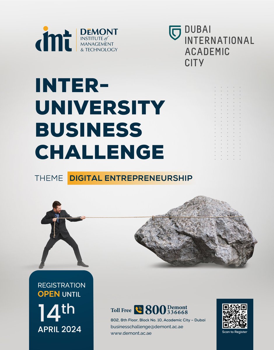 Have you registered for the DeMont Business Challenge? A unique opportunity for students to showcase their most innovative business ideas. Open to all universities in UAE. Secure your spot by visiting demont.ac.ae/demont-busines…

#DeMontDubai #BusinessChallenge #AcademicCity