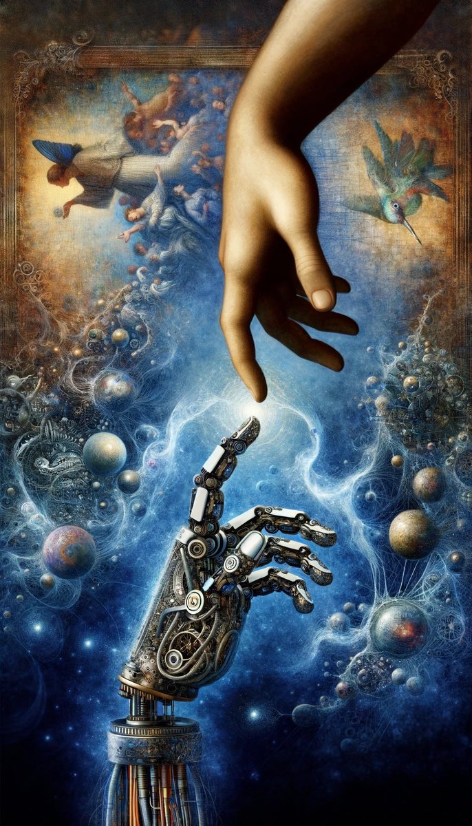 HumanAIArt's tweet photo. Dall-E vs. Midjourney: 'Transhuman Horizon' delves into the transformative journey of humanity as we merge with technology, exploring the boundless possibilities of our evolutionary path. #aiart #HumanEvolution #art #FutureHumanity #Bioenhancement https://t.co/EPKbCXB8MS