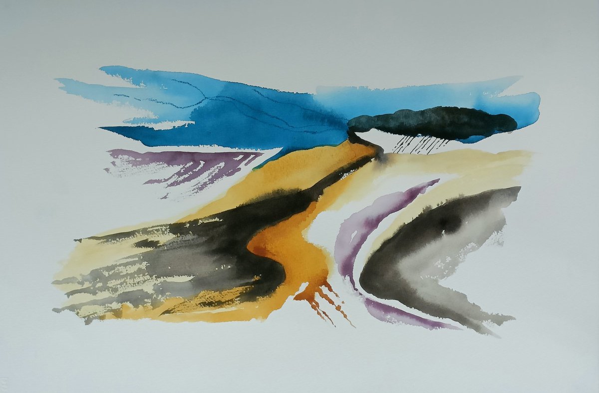 "Path to the hill", watercolour. An expressive watercolour of many walks. #landscapepainting #contemporaryartist #abstractlandscapepainting #watercolourpainting #freestylepainting