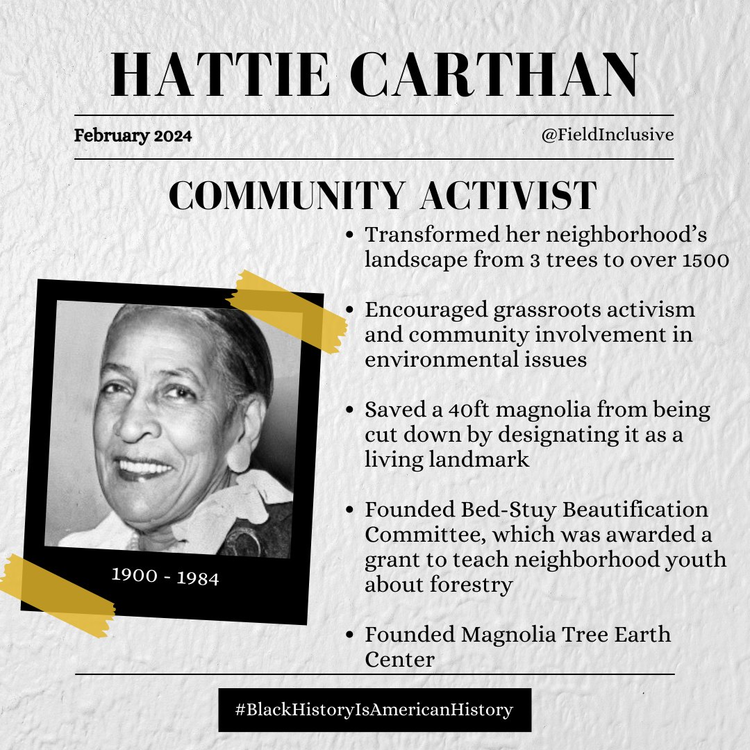 In honor of #BlackHistoryMonth, we are highlighting significant African American environmentalists and biologists throughout February. Hattie Carthan moved to Bedford-Stuyvesant, NY in 1953. Only 11 years later, her once tree-lined neighborhood had been reduced to 3 trees.…