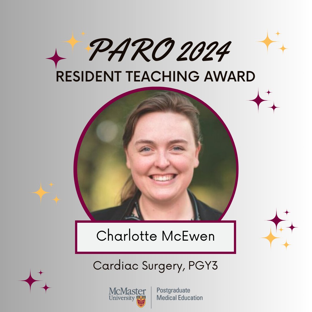 Dr. Charlotte McEwen, a PGY3 Cardiac Surgery resident &amp; participant in the Clinician Investigator Program (CIP), has received the McMaster 2024 PARO Resident Teaching Award. ⁠ We are delighted to have Charlotte as an exceptional educator and mentor for our junior colleagues.