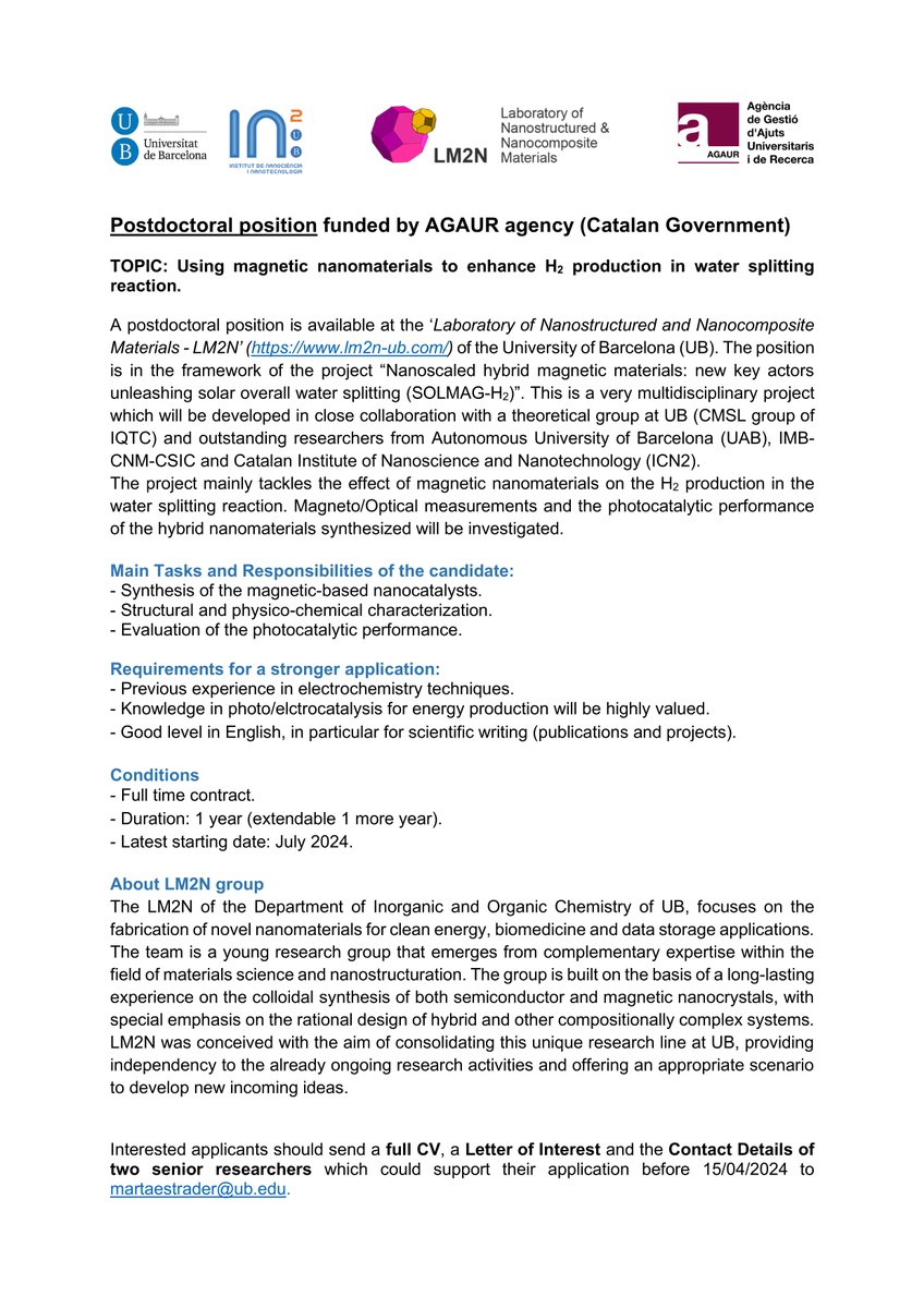 Interested in deciphering the magnetic effects on the photocatlaysis water splitting performance ??
📢We offer a fully funded postdoctoral position for one year, extendable to another one !!
🌍In Barcelona: Faculty of Chemistry (UB)
👇Check the offer.
RT appreciated !