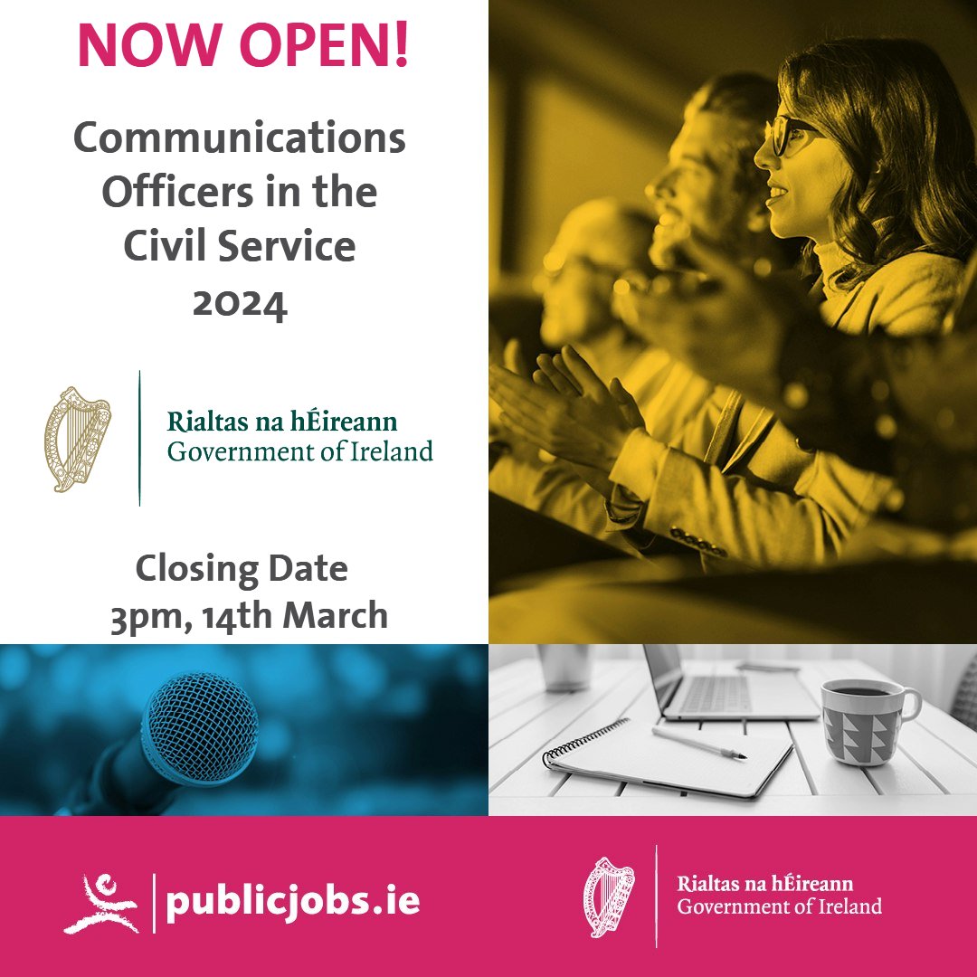 Publicjobsie's tweet photo. Now Open! The Civil Service is now recruiting for Communications Officers! Roles are available at Executive Officer level across the public sector. This is an exciting opportunity to join the Irish Civil Service. Apply today! 👉https://t.co/ysdvabEgmo  #CareersThatMatter https://t.co/V64uUw1p4q