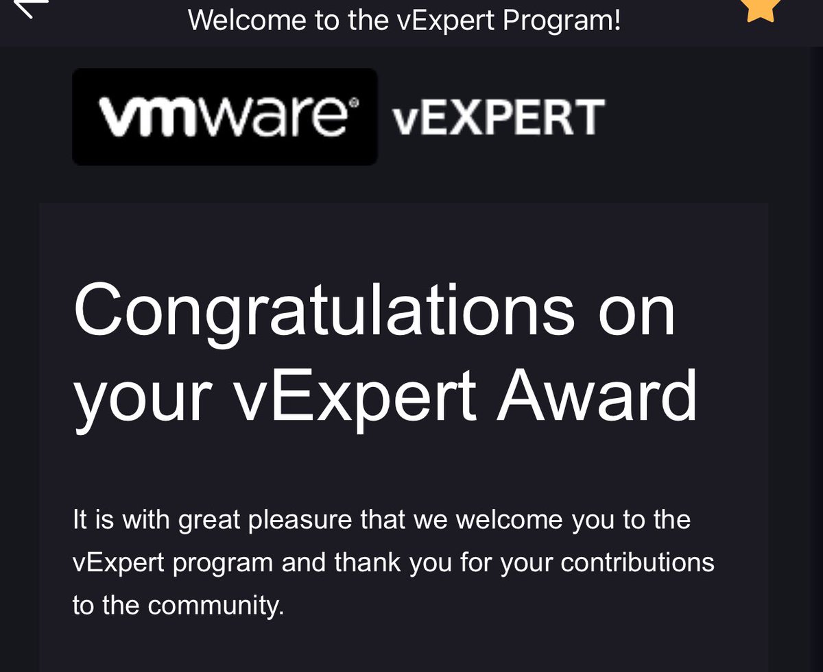Excited for my 8th Star!! Truly humbled and happy to still be in this community! Thanks <a href="/vCommunityGuy/">Corey Romero, Sr. Community Manager at VMware</a> #vExpert #VMware #vCommunity