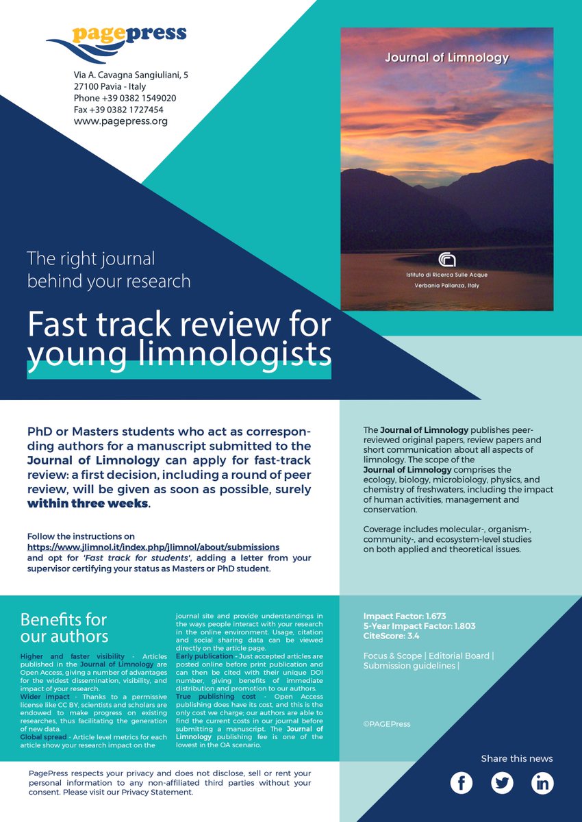 PhD or Masters #students can apply for fast-track review for their manuscript: a first decision, after peer review, is given in 3 weeks.  
Follow the instructions on
➡️jlimnol.it/index.php/jlim… 
and opt for 'Fast track for students'

jlimnol.it/jlimnol