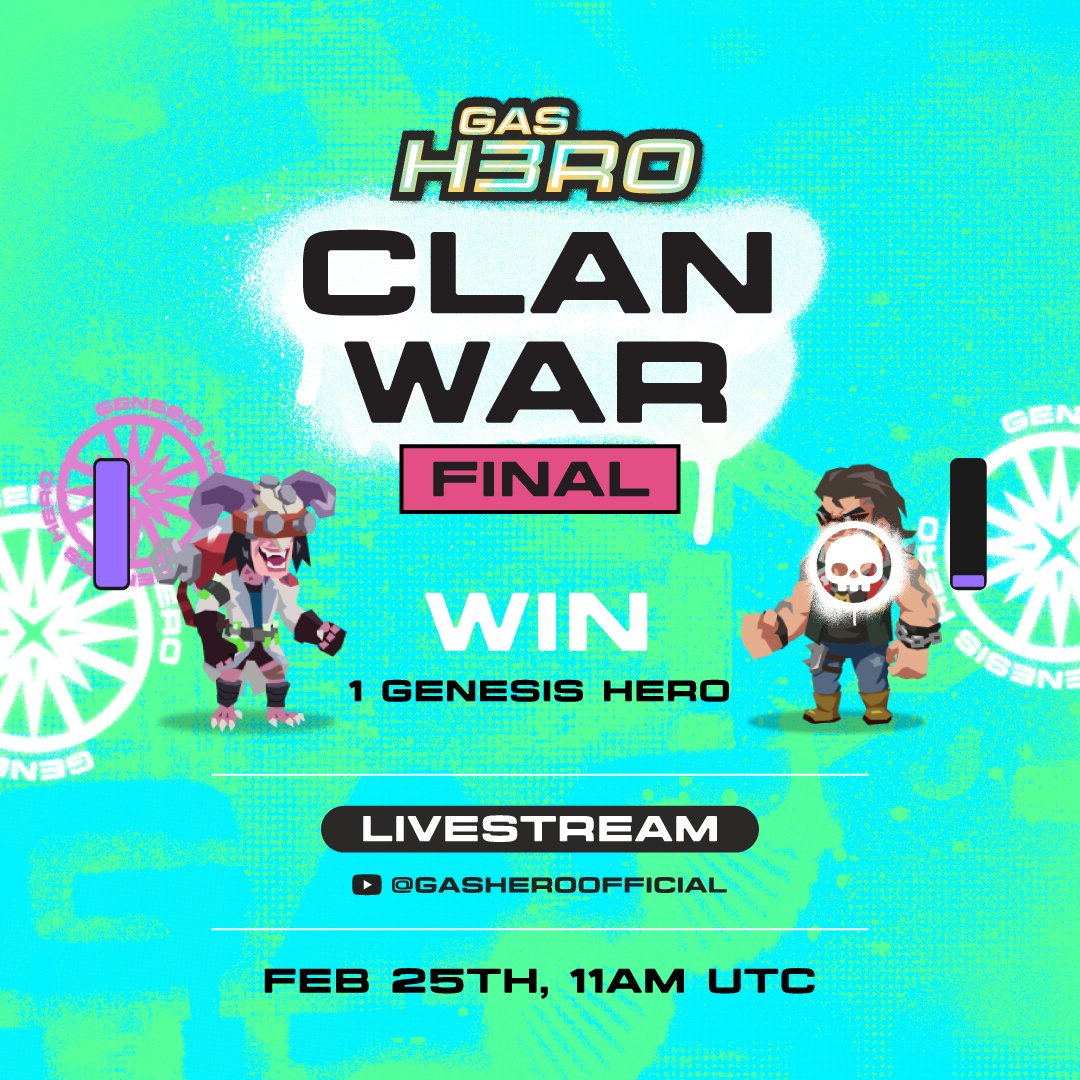 2184Official's tweet photo. Clan Gas War ⚔️

Who's excited for the upcoming #GasHero Clan War? Make sure to sign up for the match and tune into our Live Stream of the final battles - Feb 25th at 11am UTC!

Genesis Hero Giveaway 💫
💜 Like, RT + Follow us on X and YouTube
🗨️ Comment tagging 3 friends and post a picture of your favorite hero!
🎙️ Tune into the event live and share a screenshot of yourself attending the stream on X!

The lucky winner will be chosen at random from successful entries! 

Good luck 🍀