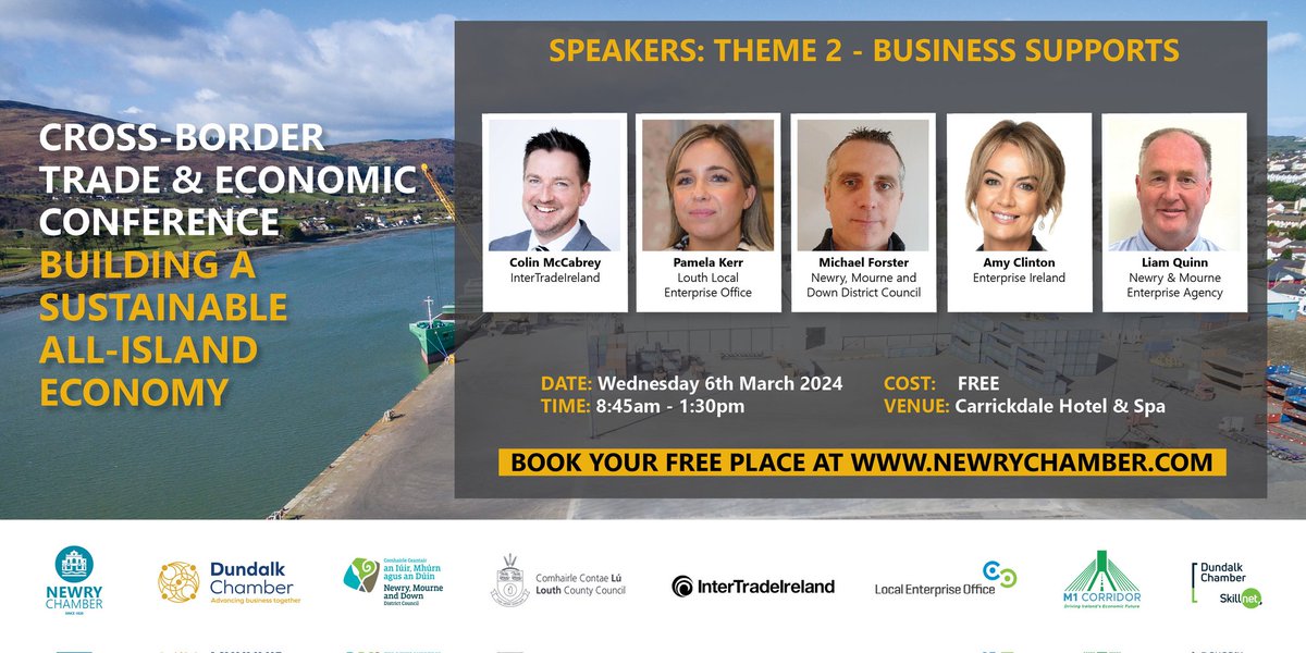 Delighted to announce our second batch of speakers for our Cross-Border Conference with @DundalkChamber in just 2 weeks time. Looking forward to hearing from these five great speakers in the 'Business Supports' section at the conference. 𝗕𝗢𝗢𝗞 𝗡𝗢𝗪: tinyurl.com/57sasebu