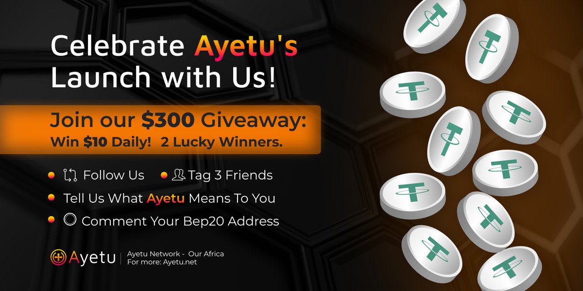 #Giveaway Alert!🔥
🎉 Celebrate Ayetu Network's Launch with Us! 🚀

Join us in celebrating the future of blockchain in #Africa.
Here's your chance to win in our $300 Giveaway: $20 daily win ⚡︎

🏆 $10 Daily to 2 Lucky Winners 🏆

How to Enter: 
1️⃣➡️ Follow us @AyetuNetwork
2️⃣👥