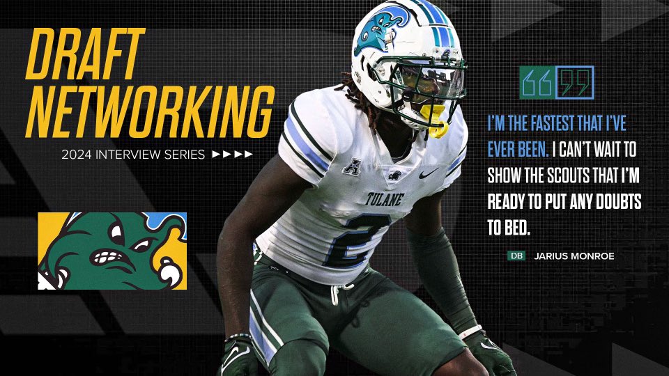 .@GreenWaveFB's Jarius Monroe is a 6-0, 204 pound versatile DB w/ 22 PBUs + 6 INTs across previous two seasons. Monroe lists #Commanders, #Bills, #Raiders, #Steelers, #Broncos as standout @ShrineBowl meetings. @TheDraftNetwork Interview w/ @JayBoeDaGoat: thedraftnetwork.com/2024/02/19/jar…