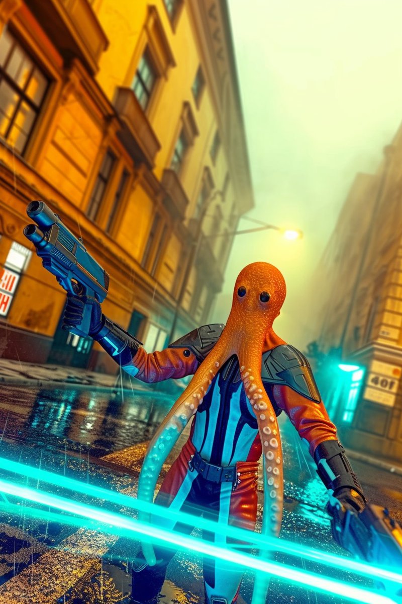 'Octopus of the future packing heat and ready to take on the neon streets in style! 🦑🔫 #CyberpunkChaos' #midjourney #AIArtworks
