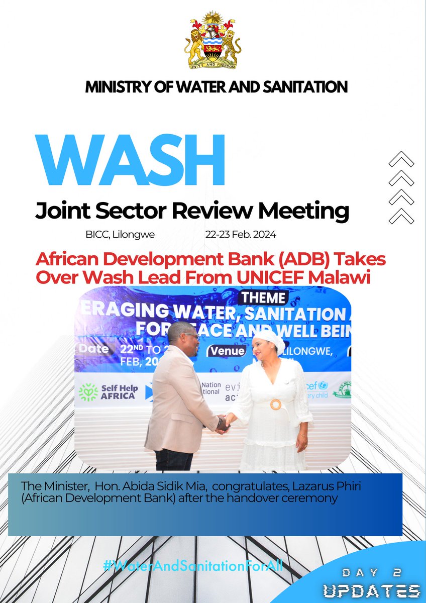 Ministry Of Water And Sanitation-Malawi (@wash_malawi) on Twitter photo National WASH Joint Sector Review 2024
<a href="/AfDB_Group/">African Development Bank Group</a> <a href="/Lazarusphiri/">Lazarus phiri</a> <a href="/mia_abida/">Abida Sidik Mia</a>
#Day2Updates #WaterandSanitationforAll National WASH Joint Sector Review 2024
<a href="/AfDB_Group/">African Development Bank Group</a> <a href="/Lazarusphiri/">Lazarus phiri</a> <a href="/mia_abida/">Abida Sidik Mia</a>
#Day2Updates #WaterandSanitationforAll