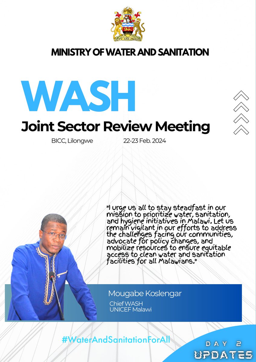 Ministry Of Water And Sanitation-Malawi (@wash_malawi) on Twitter photo National WASH Joint Sector Review 2024
@MalawiUNICEF <a href="/Kmougabe/">Mougabe Koslengar</a>
#Day2Updates #WaterandSanitationforAll National WASH Joint Sector Review 2024
@MalawiUNICEF <a href="/Kmougabe/">Mougabe Koslengar</a>
#Day2Updates #WaterandSanitationforAll