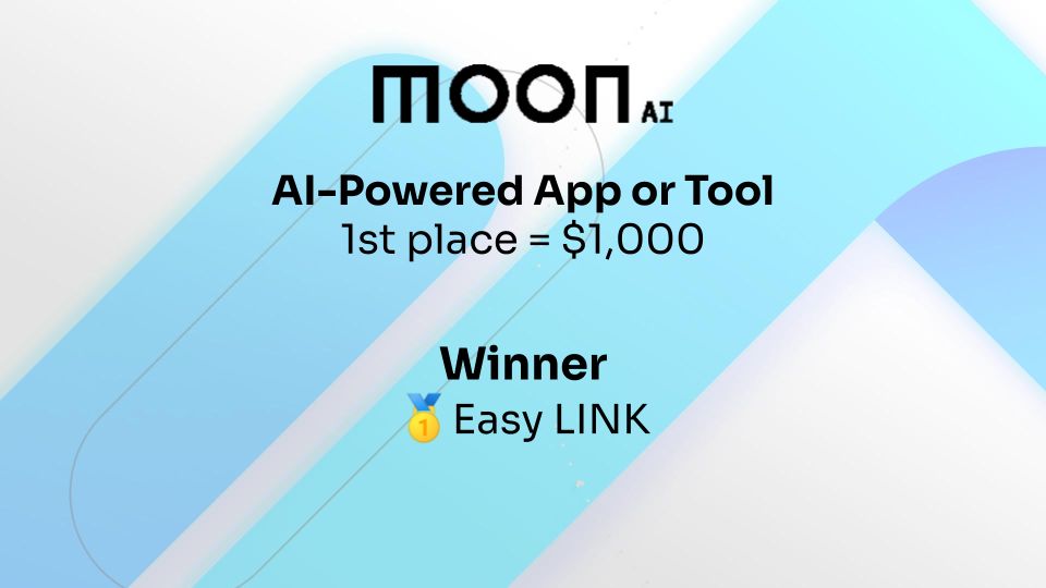 <a href="/LightLinkChain/">LightLink ⛓️</a> <a href="/PerionDAO/">XP.GG</a> @API3DAO <a href="/Liteflowcom/">Liteflow</a> <a href="/PythNetwork/">Pyth Network 🔮</a> <a href="/sec3dev/">Sec3</a> <a href="/usemoonai/">Moon</a> <a href="/ForwardProtocol/">Forward Protocol</a> <a href="/Yesports_gg/">Yesports</a> <a href="/SolidityScan/">SolidityScan</a> @blockscoutcom 🤖 'AI-Powered App or Tool' (<a href="/usemoonai/">Moon</a>) winner:

Easy LINK - $1,000