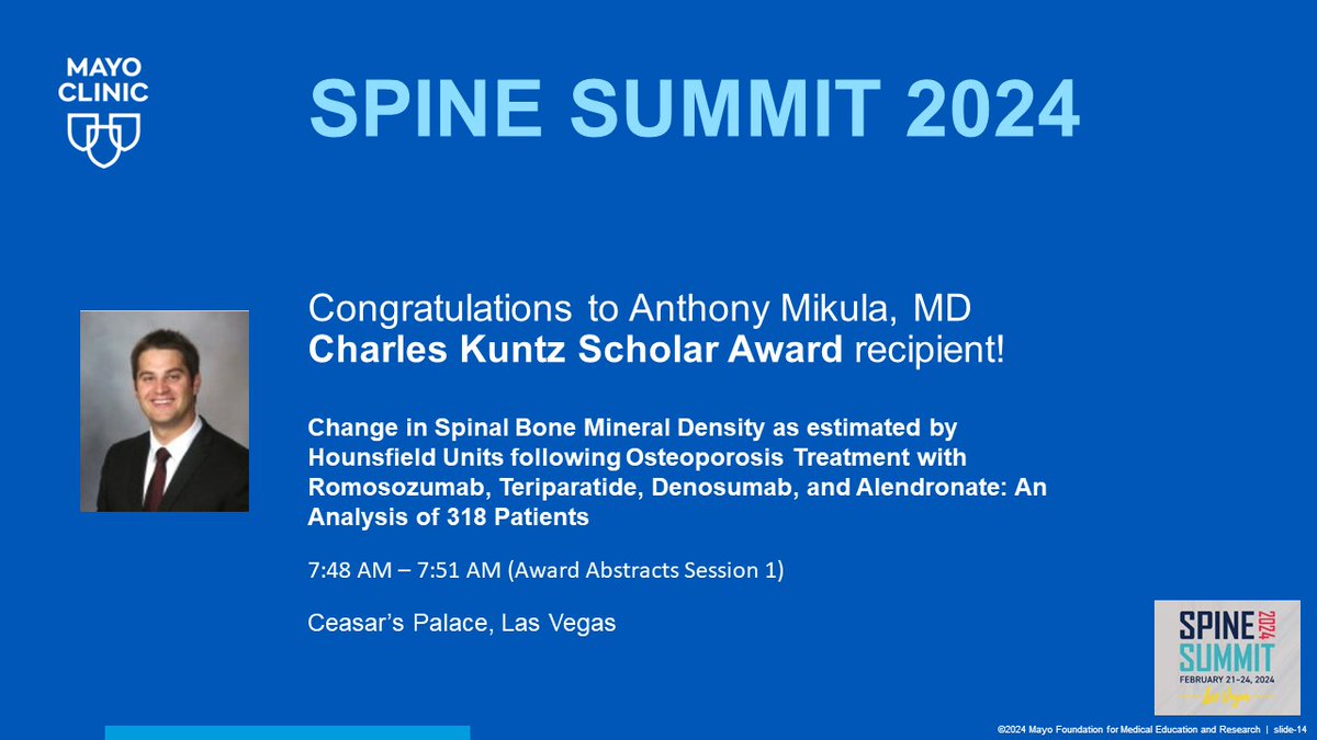 Congratulations to @anthony_mikula, Charles Kuntz Scholar Award recipient! Join the presentation this morning at #SpineSection2024. bit.ly/42OtshA @spinesection