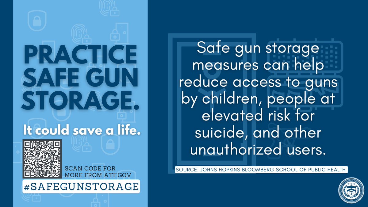 Securely storing firearms is one of the most important responsibilities that comes with owning a gun. Safe storage can prevent firearms from being picked up by a child or individuals who are at risk of hurting themselves or others. More at atf.gov/firearms/docs/…. #SafeGunStorage