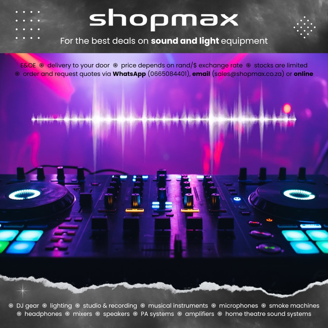 We offer the best deals on SOUND and LIGHT EQUIPMENT.

Visit our website:
shopmax.co.za

To request a Quote:
shopmax.co.za/request_produc…

#dj #studio #studiorecordings #musicalinstruments #microphone #headphones #mixers #speakers #pasystems #amplifiers #hometheatre #Shopmax