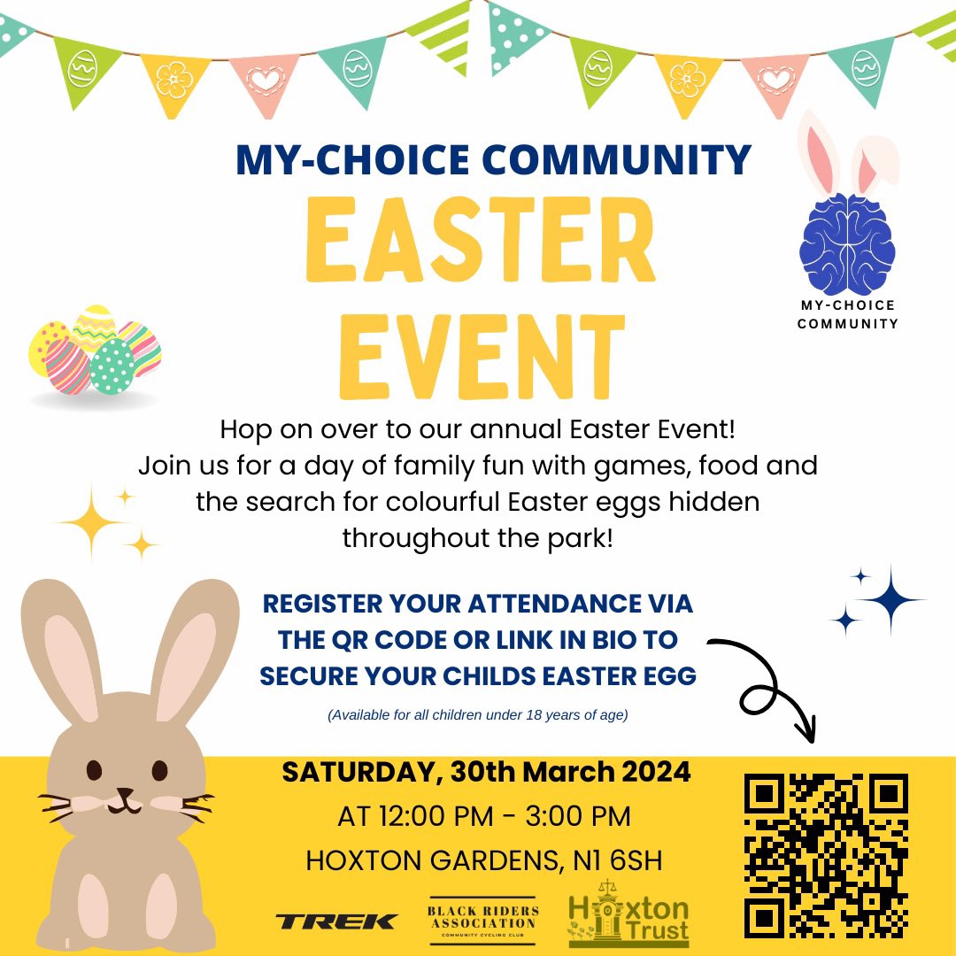 MyChoiceOrg's tweet image. We are happy to announce our annual Easter Day event is fast approaching. eventbrite.co.uk/e/my-choice-co… 

If you live in or around the Hoxton area be sure to secure your ticket and join us for a fun packed day for the entire family. #familyfun #community #easterfun #hackney #fun #games