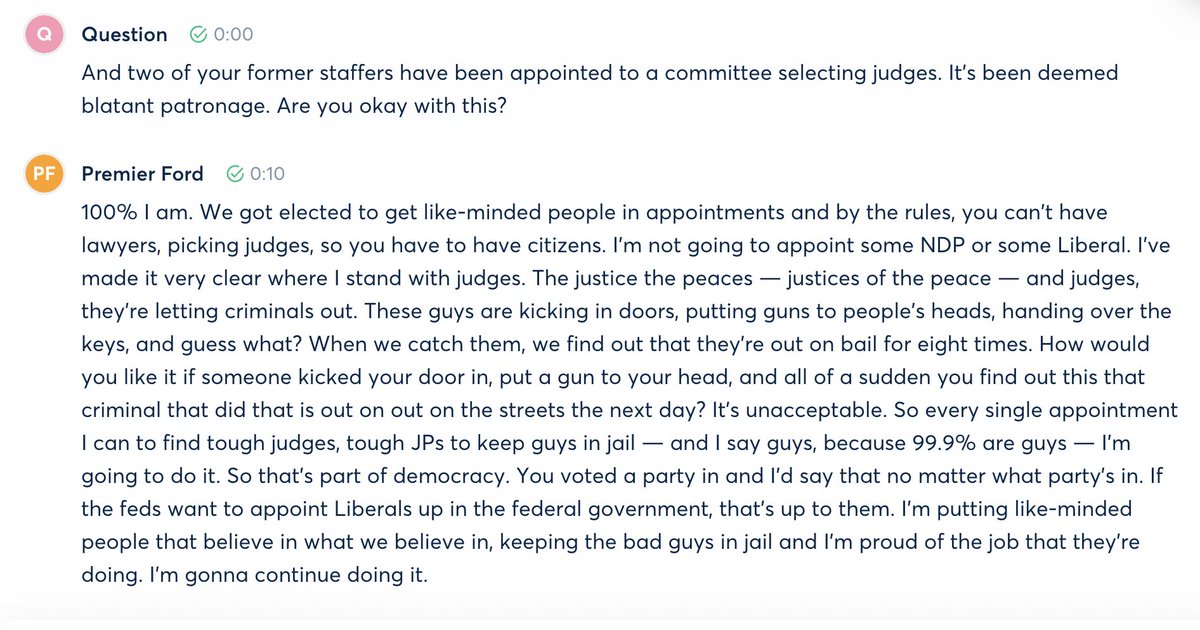 jessiecatherine's tweet image. Premier Doug Ford just defended the appointment of two of his former staffers to a committee that selects judges by advocating for explicitly partisan judicial appointments as "part of democracy."

The Star has the background: thestar.com/politics/provi…