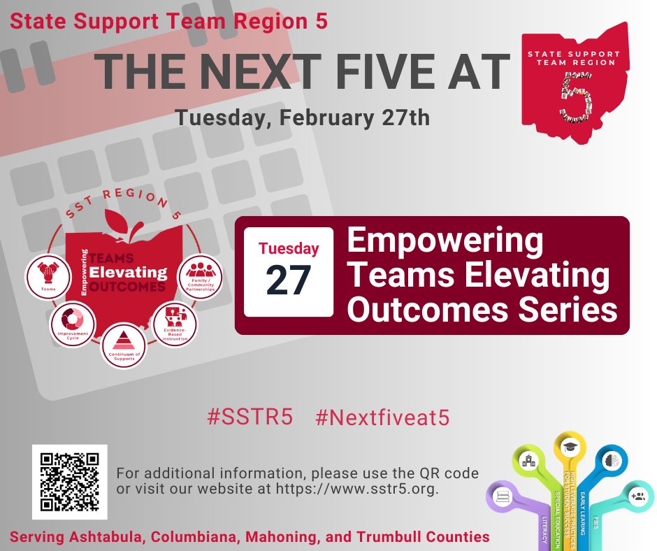 SSTRegion5's tweet photo. Next Tuesday, February 27 is Session #5 🥳 of our Empowering Teams Elevating Outcomes Series. Our teams will be focused on building a strong 💪continuum of support 🤓. Don't forget 🤞, networks meet in the afternoon &amp; you can join some of them F-2-F or virtually.  #SSTR5 #MTSS https://t.co/h0QUXhHlxN