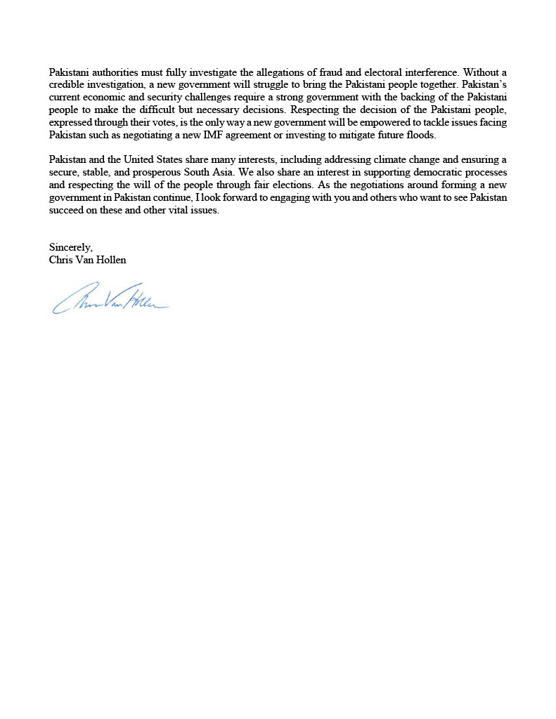 I applaud the millions of Pakistanis who voted in their elections—a strong display of democracy in action.

But the credible reports of fraud &amp; interference can’t be ignored. I wrote to the Pakistan Amb urging a full investigation b/c the will of the people must be respected.